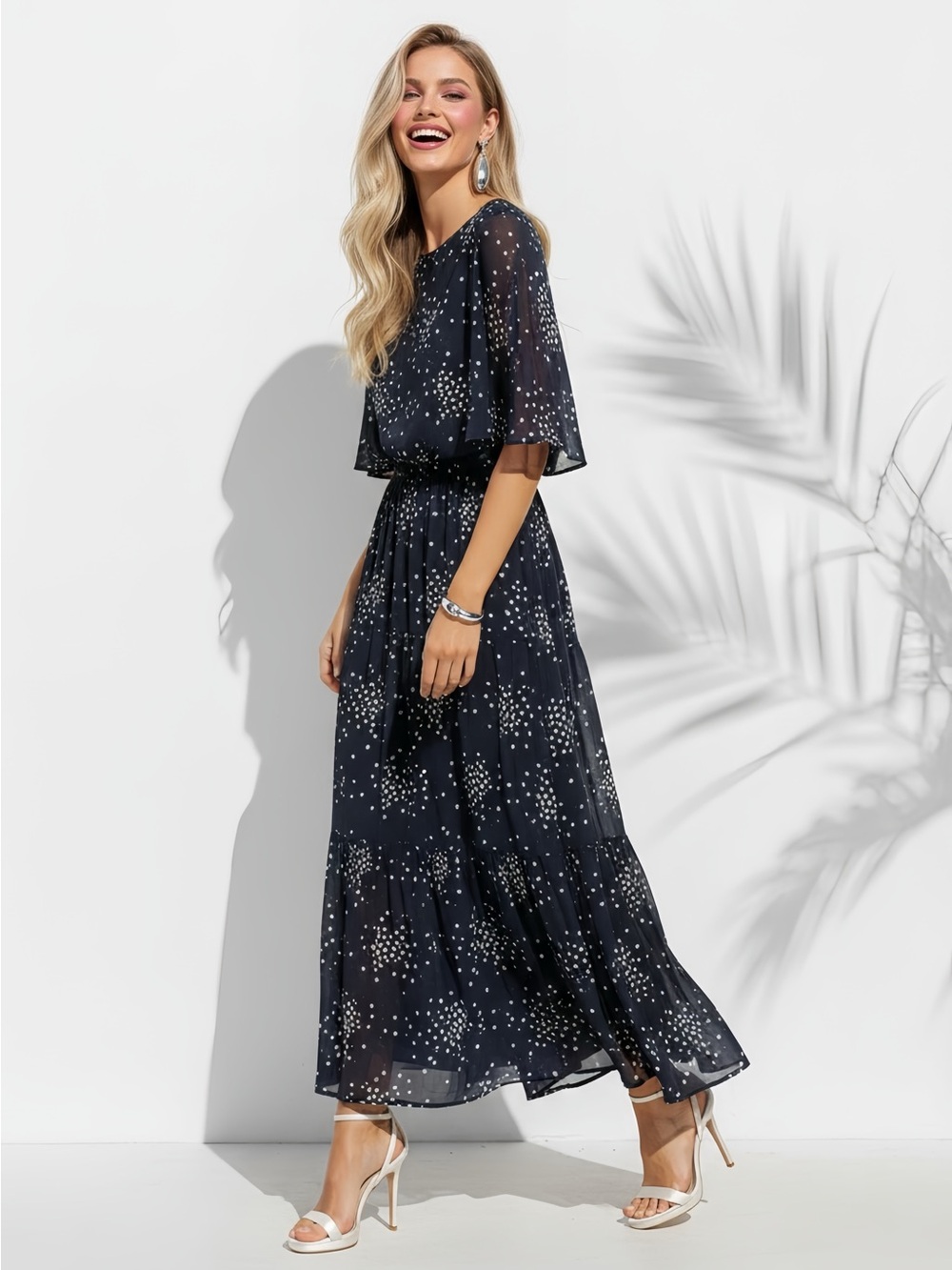 Julian Taylor Navy Star-Print Flutter Sleeve Maxi Dress